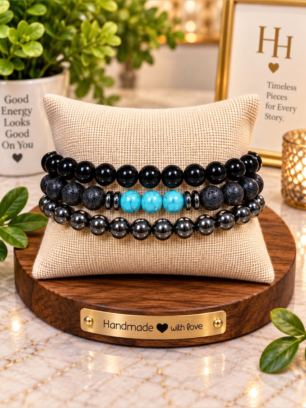 Hand Crafted Black Lava Rock and Turquoise Hematite Stacked Beaded Bracelet Set